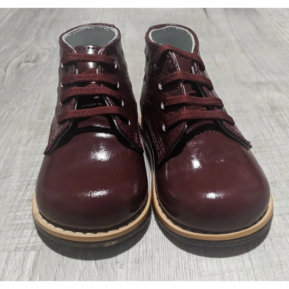 New Josmo Walker Burgundy Patent Ostrich Tie Baby Shoes Sz 3 w/ Box